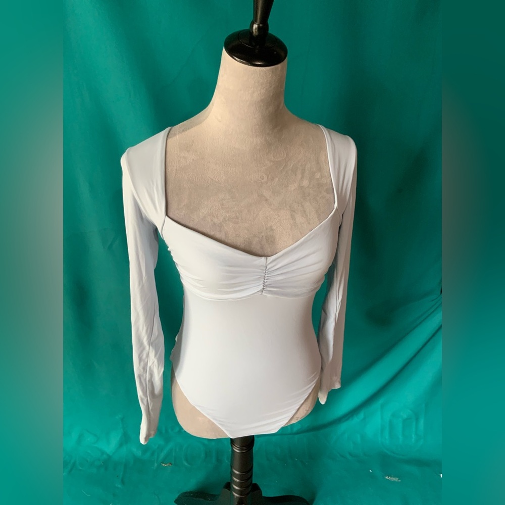 Chyrii Elegant Blue Long Sleeve Ruched Front Bodysuit for Women, Size Large